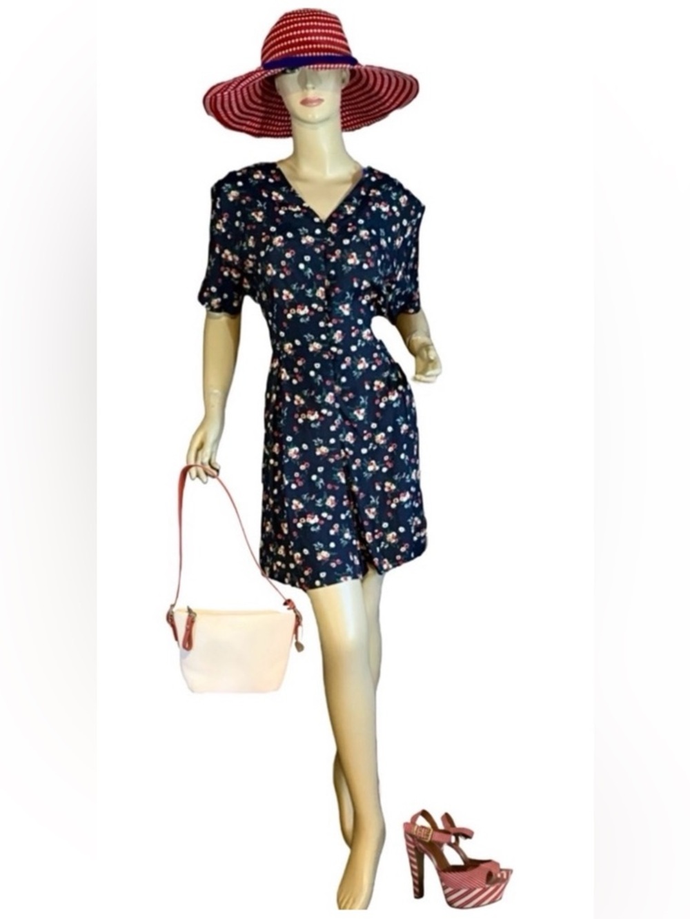NEW YORK STYLE VINTAGE 1990'S FLORAL PRINT NAVY BLUE, RED & YELLOW ROMPER (L)